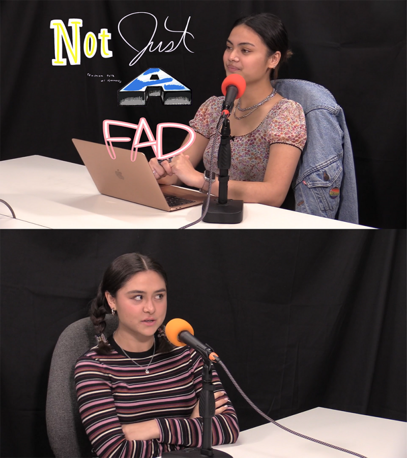 Hannah Asuncion talks with Student Fashion Association member Jessica Quecano about fashion trends throughout the decades on the latest episode of Not Just A Fad. (Graphic made in Canva by Mack Ervin III)