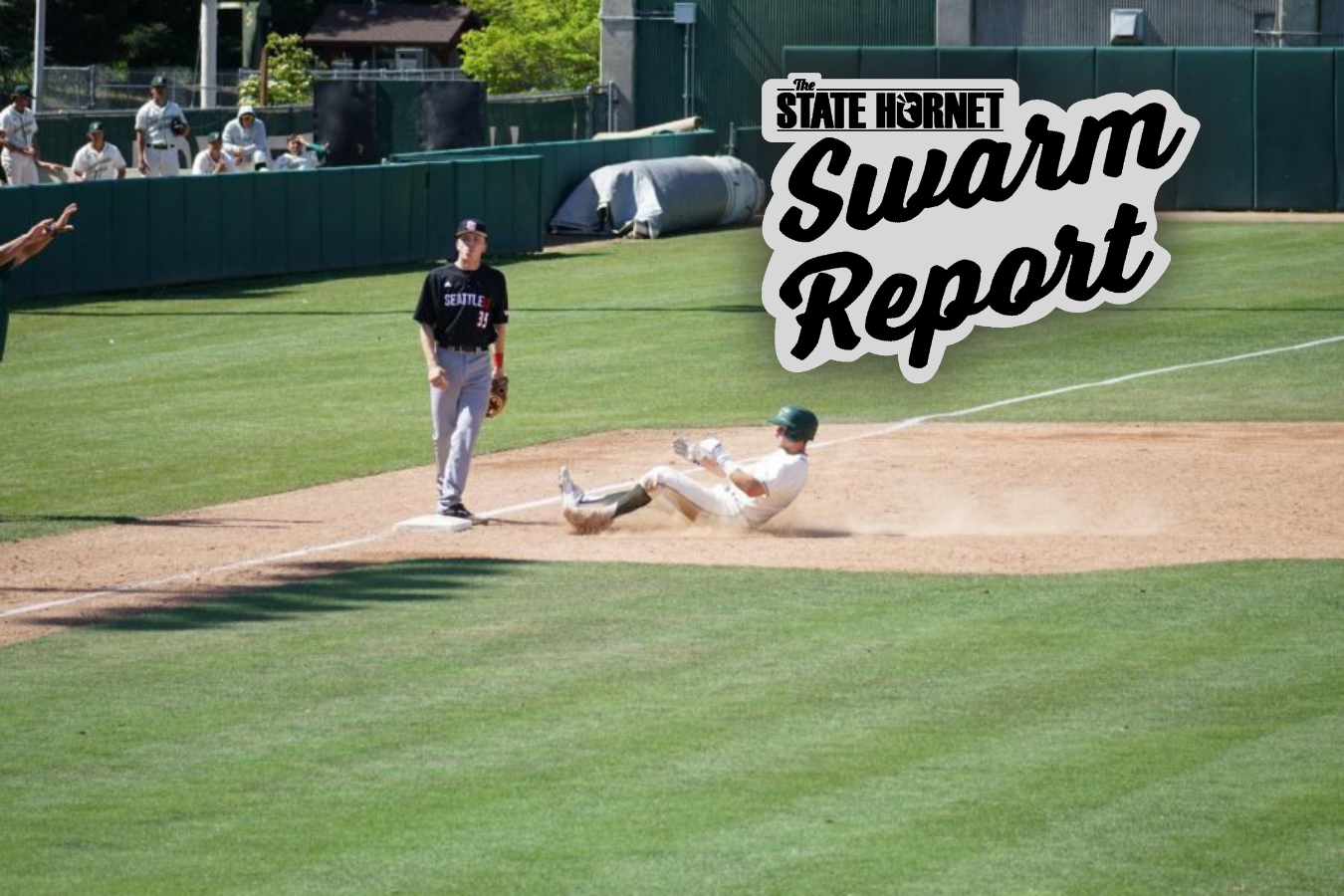 Dawson Bacho slides safely into base during a game against Seattle University. The Hornets played the Redhawks in a three-game series in Sacramento from Apr.15-17. (Photo by Dominique Williams. Graphic made in Canva by Mack Ervin III)