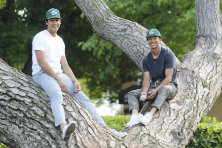 Sophomores Cesar Valero (left) and Josh Rolling pose in a tree near the River Front Center on Wednesday, April 20, 2022. Both Valero and Rolling transferred to Sac State as sophomores and have found a spot in the Hornets lineup.