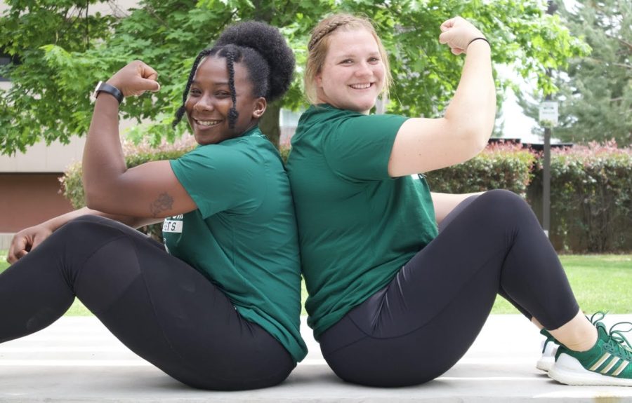 Sacramento State track and field throwers Shantel Nnaji (left) and Erin Whelan (right) pose in front of Tahoe Hall Friday, April 29, 2022. Both have made their names in Sac State track and field history through succeeding in record-breaking throws. 