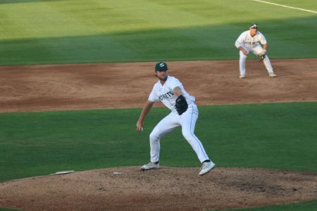  [FILE PHOTO] Sophomore pitcher Eli Saul throws against California Baptist on Friday, April 29, 2022 at John Smith Field. Saul threw his first complete game in a 121-pitch effort in Fridays win over Grand Canyon University.
