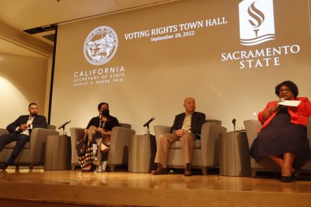 (L-R) Christopher Towler, Rose Soza War Soldier, Timothy Fong and Secretary of State Shirley Weber were sitting in Hinde Auditorium on Sept. 28, 2022 during the Voting Rights Town Hall. The panel discussed topics such as the history of voting and the importance of understanding voting as not only a right, but a responsibility.