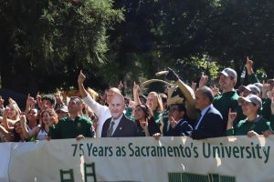 Sacramento State students, staff and faculty gather in the main quad on Thursday, Sept. 22, 2022, to celebrate the 75th anniversary of the university’s founding. The campus community convenes in the grass to take the annual Swarm photo.