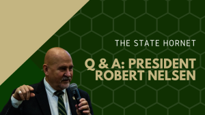 Sacramento State President Robert Nelsen speaking to students about COVID-19 policies on Sept. 3, 2020. The State Hornet spoke with Nelsen on Sept. 23, 2022, about the university’s response to antisemitism on campus. Photo by Rahul Lal, Graphic by Tony Rodriguez. 