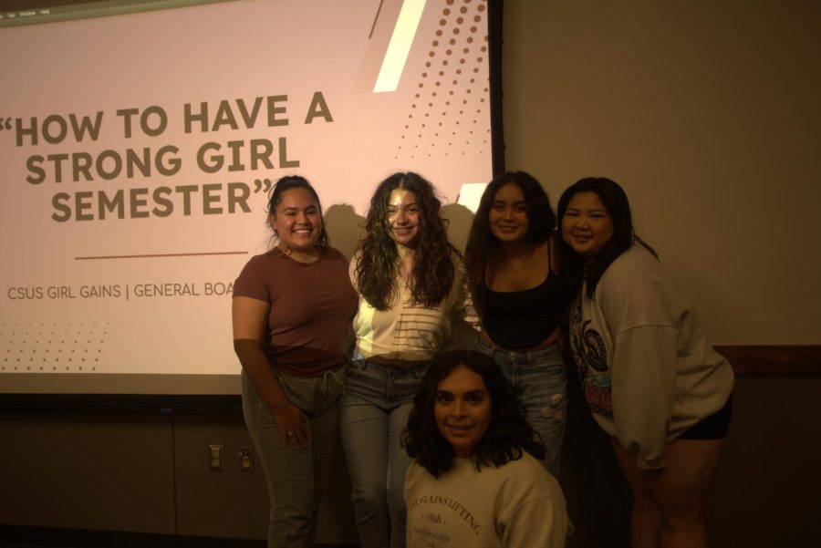 (Left to Right) Lauren Batoon, Paola Garcia, Natallie Melgoza, Ariana Tong and Tori Belardo pose together for a meeting at the University Union on Thursday, Sept. 22, 2022. These women are the executive members of Girl Gains, an on-campus chapter that focuses on female empowerment through fitness and nutrition.