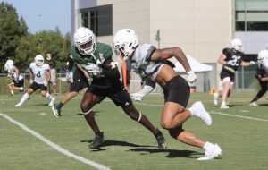 Sac State sophomore receiver Chris Miller running a route against cornerback Jalin Speed at practice Wednesday, Aug. 31, 2022, at the Hornet practice field. The Hornets open their season Saturday against Utah Tech at Hornet Stadium at 7:30 p.m PST as the Hornets begin their pursuit of a third straight Big Sky title. 