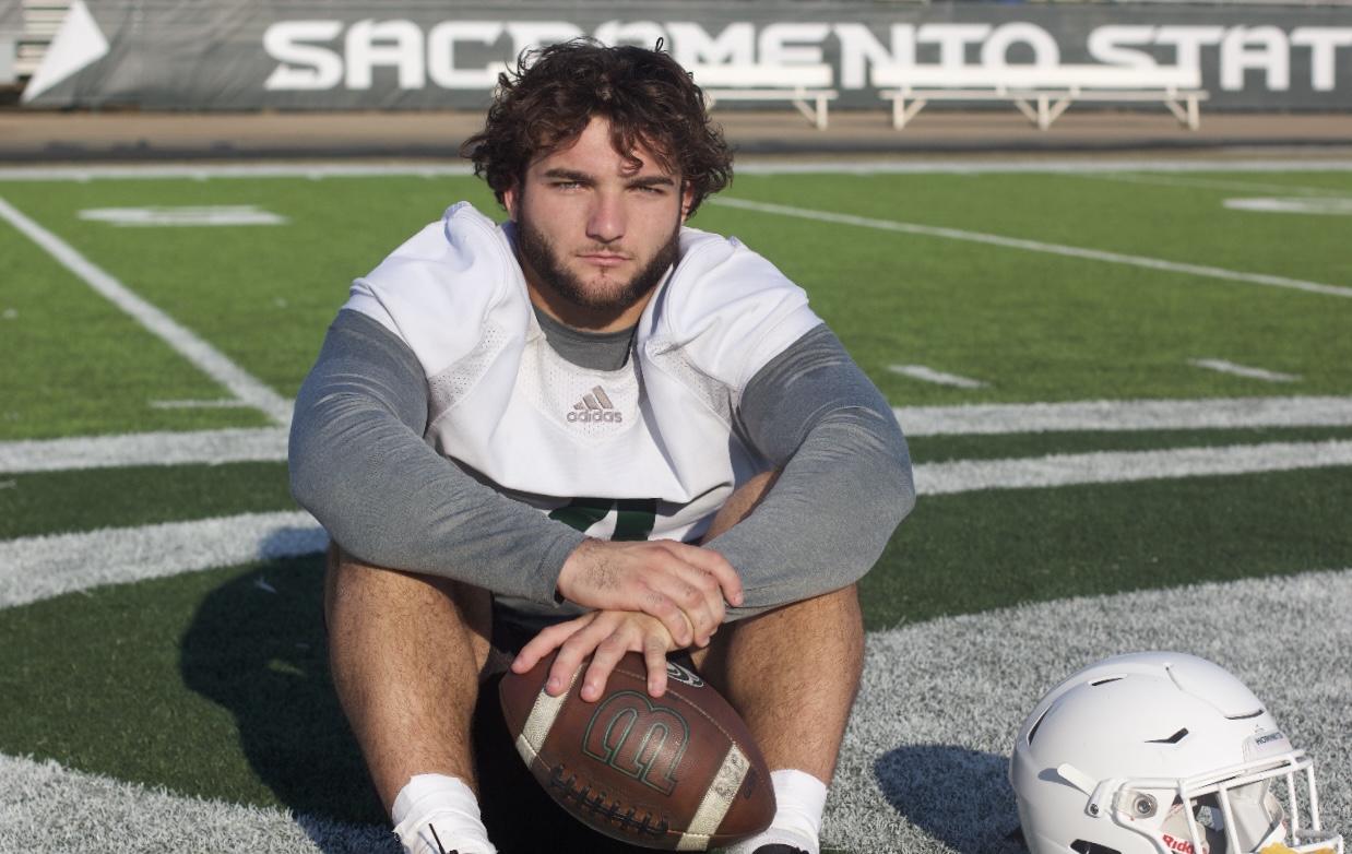 Sophomore Sac State running back Cameron Skattebo posing in the middle of Hornet Stadium Thursday, Sept.15, 2022. In week one of the 2022 Sac State football season against Utah Tech,  Skattebo rushed for 153 yards, caught one touchdown, ran for a second and took an onside kick back for a third in the Hornets 56-33 win over the Trailblazers.
