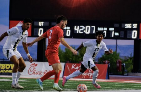Freshman defender Justin Faison and sophomore middle fielder Ali Sasankhan are defending against a Utah Tech forward Friday, Sept. 16 at Greater Zion Stadium. Sac State has matched their five-win total from 2021 seven games into this season with the 1-0 win against the Trailblazers.
