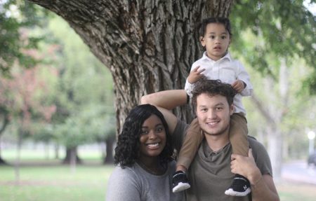 Sac State starting quarterback Asher OHara, his girlfriend Savai Calloway and their son Elias OHara on Monday, Sept. 19, 2022 at Curtis Park in Land Park. The three moved from Tennessee to Sacramento to pursue O’Hara’s football career. 