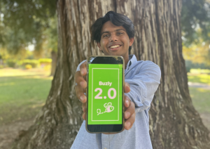 Srinjay Verma, the creator of Buzly, shows off his newest launch: Buzly 2.0 outside the Riverfront Center on Tuesday, Sept. 6, 2022. According to Verma, students can expect the launch of Buzly 2.0 in the next couple of weeks.