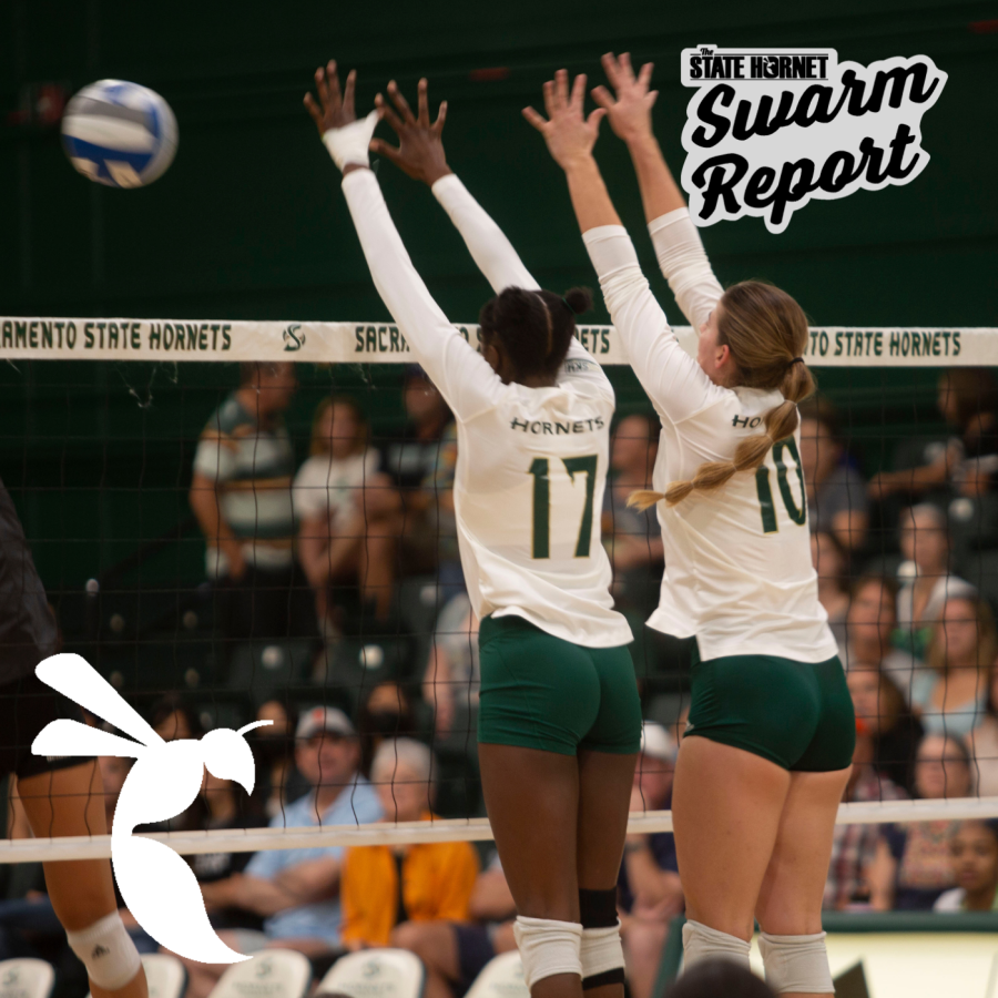 Senior middle blocker Tiyanane Kamba-Griffin (left) and senior setter Ashtin Olin (right) attempting to block a hit against Idaho State Saturday, Sept. 24, 2022, at The Nest. Despite a rocky 4-8 start, the Hornets dominated the Bengals 3-0 to get out to a 2-0 start in the Big Sky. (credit: Dylan McNeill)(Illo By James Fife)
