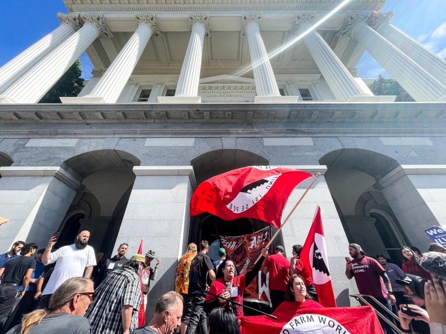 Supporters of the United Farm Workers labor union stand on the steps of the Capitol Building on Sept. 21, 2022. Union members and organizers have urged Gov. Gavin Newsom to sign AB 2183. 
