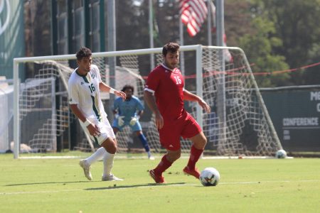 FILE: Sophomore defender Alejandro Padilla defends against Loyola Marymounts graduate student midfielder Leo Zulli at the Hornet field on Thursday, Sept. 8. The Hornets went down a man against LMU but still secured the win at home.