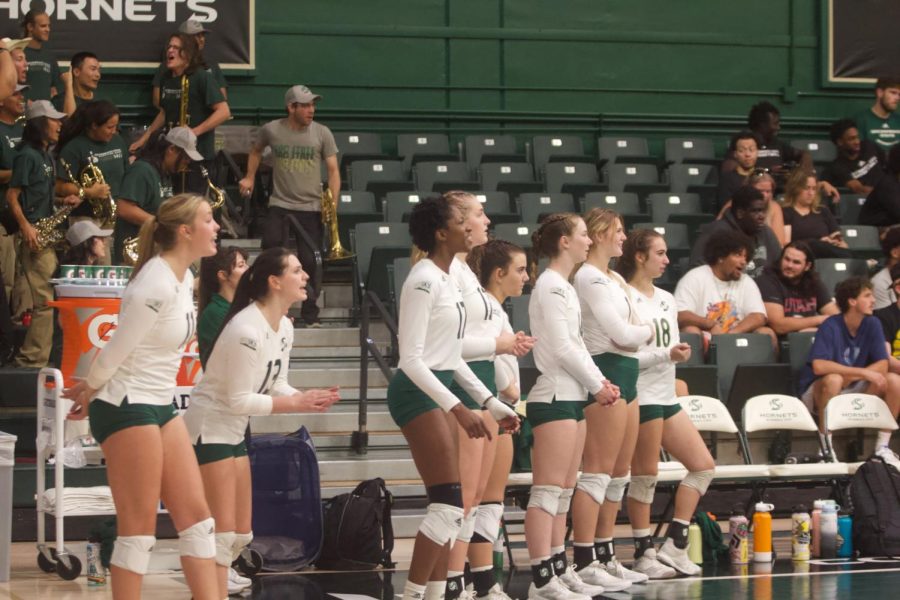 Sacramento State women’s volleyball players watch their teammates during their game Thursday Oct. 6, 2022, at The Nest. The Hornets are now 9-9 overall.