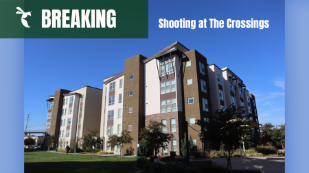 Building 1 at The Crossings student living facility on Sunday, Oct. 30, 2022. The shooting took place around 2:15 a.m. on the fourth floor after a fight started during a Halloween party. (Photo taken by Jacob Peterson. Graphic created in Canva.)