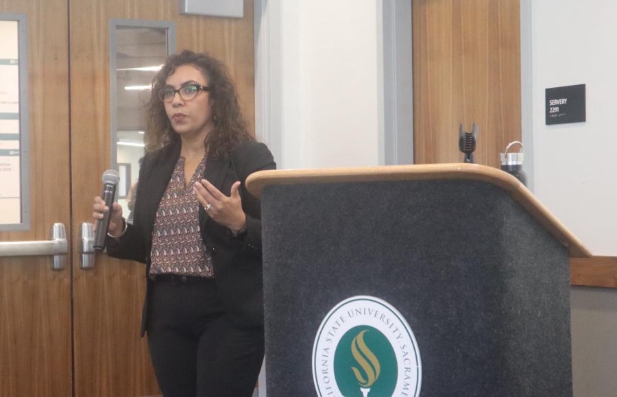 Pawan Wallace, the current senior associate director of financial aid and scholarships at Sac State, spoke in an open forum on Wednesday, Sept. 28, 2022. Wallace described the relationship between the financial aid office and the other departments at Sac State as a “partnership.”