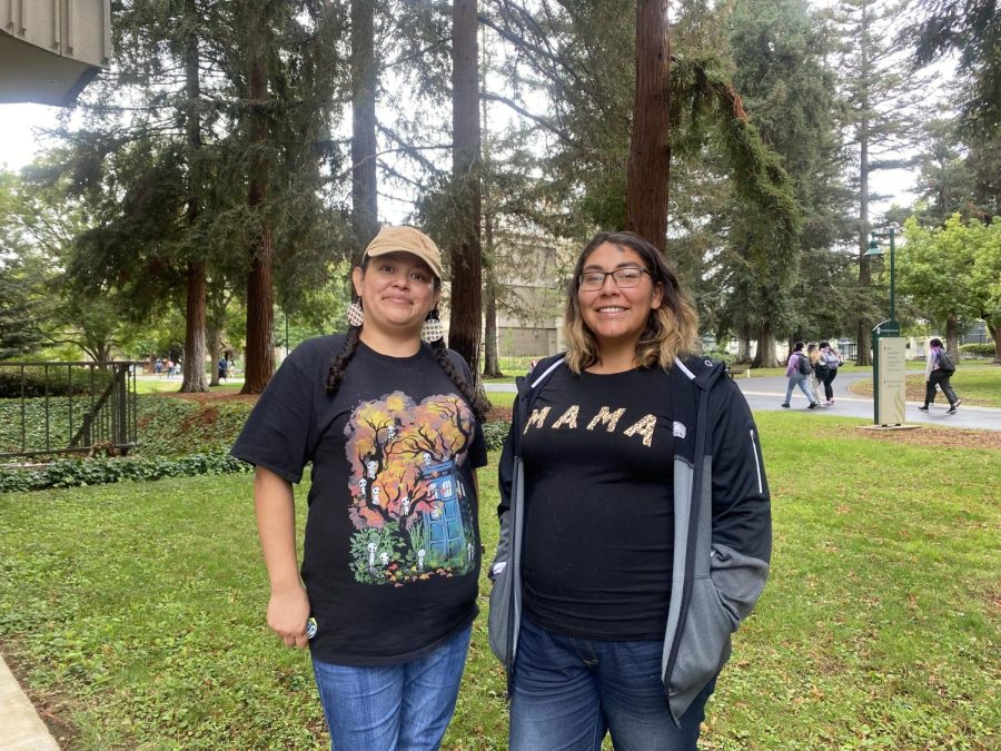 Ensuring Native Indian Traditions board members Maria Elena Pulido-Sepulveda (left) and Pauline Ghost-Perez (right) stand outside the multicultural center after their Orange T-shirt day workshop on Sept. 21, 2022. Orange T-shirt day is held on Sept. 30 to commemorate the children who experienced the residential school system and honor those who survived it. 