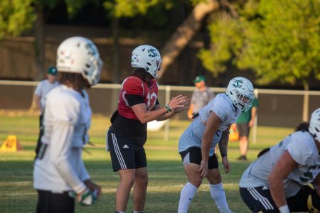 Senior quarterback Jake Dunniway checks to sophomore running back Cameron Skattebo during the offense’s walkthrough at practice in Sacramento on Wednesday, Oct. 12, 2022. This duo should get a lot of play against a blitz heavy Montana Grizzly squad this Saturday.
