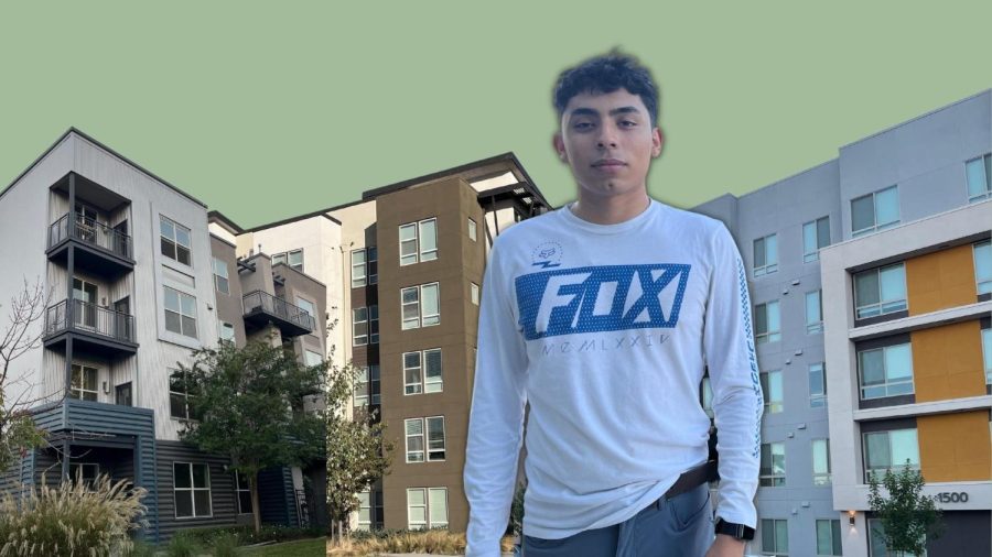 Second-year business major Fabian Vigil stands by The Lark on Monday, Sept. 29, 2022. Sacramento offers multiple off-campus housing options for Sac State students including (pictured L-R) The Mezzo Apartments, The Crossings and The Wexler. (Graphic created on Canva by Kamelia Varasteh)