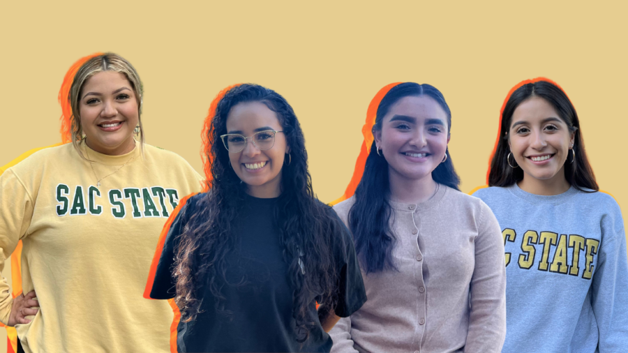 (L-R) Nataly Andrade-Dominguez, Laura De la Garza Garcia, Lexa Estrella and Salma Pacheco are four out of five ASI board members that are of hispanic descent. The women hope to be role models to other young women through their leadership role at Sac State. (Graphic created on Canva by Alexis Hunt and Mercy Sosa) 