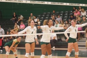  The volleyball game in Sacramento State at The Nest on Thursday Oct. 6, 2022.The Hornets won their match over Montana 3-1, juniors Bridgette Smith and Kalani Hayes had 10 kills each. 