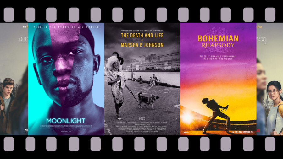 Movie reel displaying some worthwhile movies to watch featuring strong LGBTQ+ characters. 
LGBTQ+ representation in films like Moonlight and Half of It helps people of the community feel seen. Graphic made by Mercy Sosa in Canva.