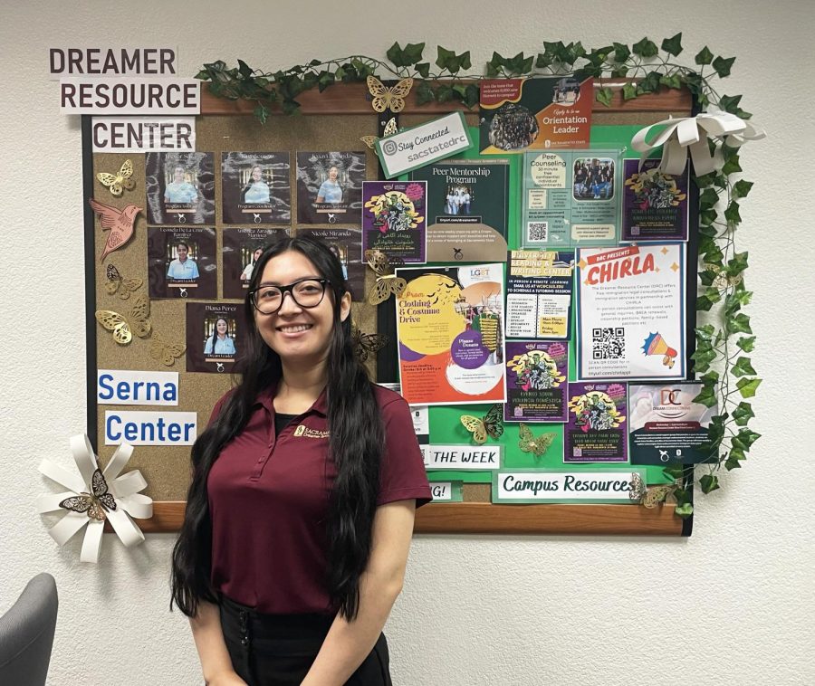 Coordinator of the Sac State Dreamer Resource Center Kim Gomez stands in the Serna Center  Oct. 11, 2022. Gomez said that the center is a community of Hornets dedicated to the undocumented community.