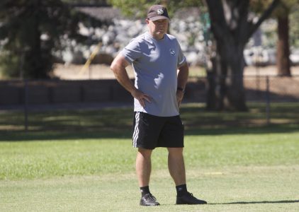 Men’s soccer head coach Michael Linenberger leads his team in practice Thursday, Sept. 29, 2022, at the Hornet Practice Field. Sac State is hunting a return to the Big West Tournament as well as an NCAA Tournament berth.