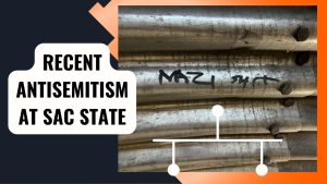 Antisemitic incidents occurred on and in the vicinity of campus since 2017, as shown in this timeline created by The State Hornet on Wednesday, Sept. 19, 2022. The State Hornet reporters uncovered another piece of anti-Semitic antisemitic vandalism on a tunnel ceiling at Sac State’s Arboretum Sept. 29, 2022. (Photo of graffiti taken by Dominique Williams. Graphic created in Canva)