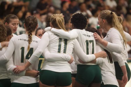 (FILE) The Sac State women’s volleyball team gathers for a quick huddle during their game against the Montana Grizzlies on Thursday Oct. 6, 2022, at The Nest. The Hornets continue in the Big Sky tournament on Friday against University of Northern Colorado.