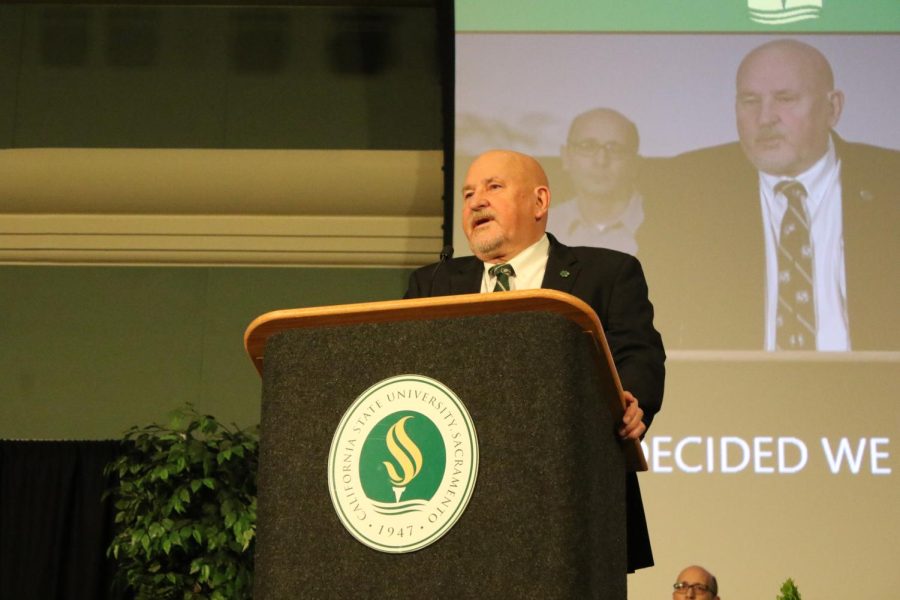 Sac State President Robert Nelsen addressing the audience at the town hall meeting on campus Wednesday, Nov. 9, 2022. There have been four incidents of antisemitism on campus since the start of the semester.