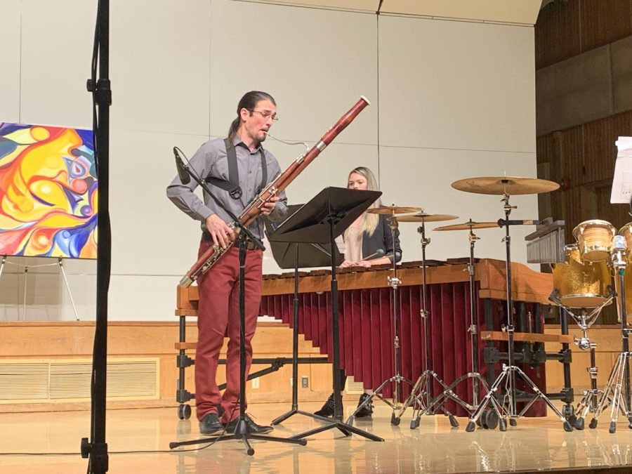 Dorian Antipa and Mckenzie Langefeld performing as DuoXylo in Capistrano hall on Tuesday, Nov. 8, 2022. “Desisidirium” by Frank Piland, a Native American composer, was commissioned by DuoXylo and performed at the event, along with several other pieces.  .