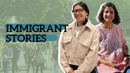 Storytellers speak about their life experiences being immigrants or coming from an immigrant background in the Hinde Auditorium on Friday, Oct. 28, 2022. (Mercy Sosa in Canva)