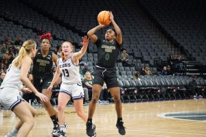 Senior guard Kahlaijah Dean rises for a jump shot in a 67-45 win for Sac State over UC Davis in the Causeway Classic at Golden 1 Center Tuesday, Nov. 22, 2022. The Hornets never trailed in Tuesday’s win and are now 3-1 on the season. 
