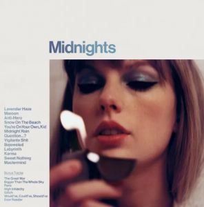Cover art for “Midnights” by Taylor Swift. The album was released at 12 a.m. EST on Friday, Oct. 21, 2022 and has become the most-streamed album in less than 24 hours. (Photo courtesy of Republic Records).