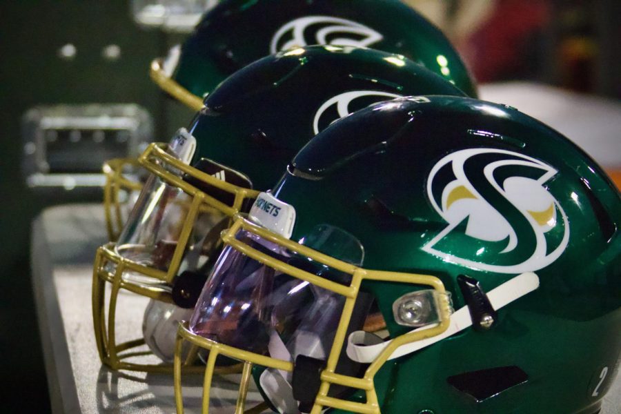 Sacramento State football team helmets on the bench Saturday, Oct. 29, 2022 at Hornet Field during the Hornets week 9 matchup against the Idaho Vandals. The Hornets improved to 9-0 Saturday with their 33-30 win over Weber State. 
