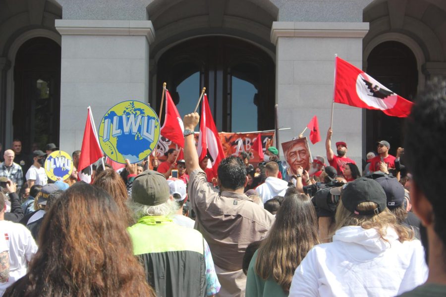Hundreds of protestors of the United Farm Workers union gathered at the steps of the California State Capitol on Wednesday, Sept. 21, 2022. The protestors urged Gov. Newsom to sign Assembly Bill 2183 which supports farm workers’ unionization rights, according to the California legislation. 