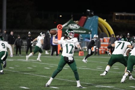 Sac State senior quarterback Jake Dunniway passing from the pocket against Portland State Friday, Nov. 11, 2022, at Hillsboro Stadium. The Hornetss’ 45-17 win tied the school record for wins in a single season with 10. 
