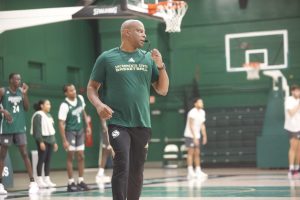 Sac State head basketball coach David Patrick blowing his whistle during a drill at practice Friday, Sept. 23, 2022, in The Nest. With a revamped roster and coaching staff, the Hornets will have a big test ahead of them in their season opener against #7 UCLA on Monday, Nov. 7. 