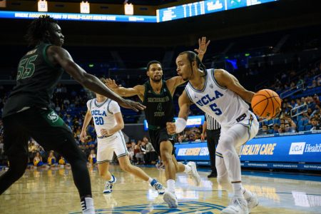 Senior guard Zach Chappell and junior forward Akol Mawein trapping freshman UCLA guard Amari Bailey Monday, Nov. 8, 2022, at Pauley Pavilion in Los Angeles, California. The Hornets were dismantled 76-50 in their season opener against the #8 UCLA Bruins Monday night at Pauley Pavilion.
