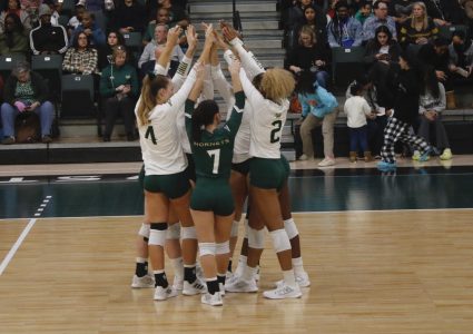 Sac State volleyball players huddle before going into their next set against Idaho State on Friday, Nov. 18, 2022 at The Nest. The Hornets are now 14-14 overall and 10-6 in the Big Sky play heading into the Big Sky tournament. 