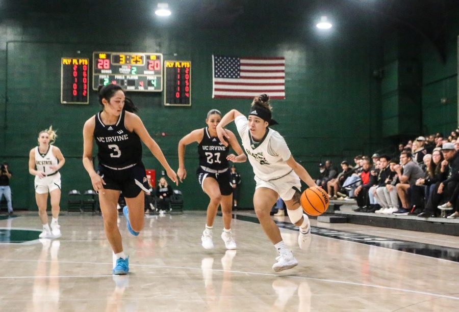 Senior guard Jordan Olivares brings the ball up the floor against UC Irvine, Saturday, Nov. 12, 2022 at The Nest at Sacramento State. The Hornets opened its season in painful fashion on Saturday as they watched a 14-point halftime lead drift away turnover by turnover.
