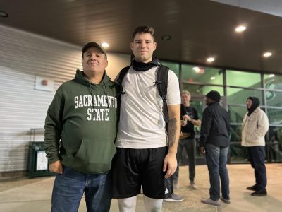 (L-R) Gene and Kyle Sentkowski stand together outside of the Sac State Broad Fieldhouse on Saturday, Dec. 9, 2022. Sentkowski is the school record holder for most field goals in a single season with 21.
