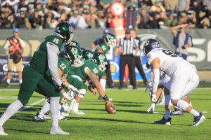 Sac State offense lines up for a first down play against UC Davis at Hornet Stadium on Saturday, Nov. 19, 2022. The Hornets will need their offense to have a big day as they seek their first FCS playoff win. 