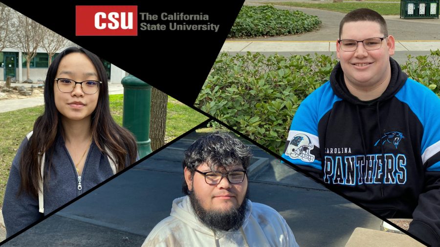 (L-R) First year biology major Alanna Vang, fourth year political science major Luis Gasca, history graduate student Andrew Modder on Tuesday, Feb. 14, 2023. All three students expressed their wants for a new California State University Chancellor. (Photos by Peyton Sorosinski, Graphic made in Photoshop by Chris Woodard). 