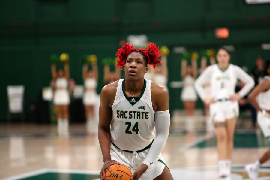 Junior center Isnelle Natabou at the free throw line against Northern Arizona University in a 84-82 overtime loss at The Nest Thursday, Feb. 9, 2023. Natabou totaled 27 points and 12 rebounds in the Hornet loss.