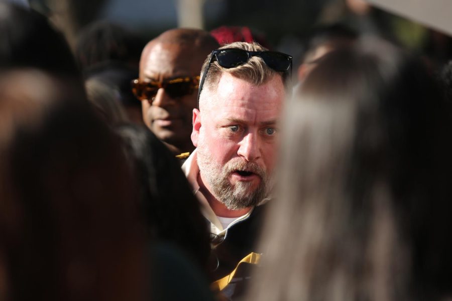One of the religious organizers argued with students during a large altercation in the library quad Monday, Feb. 13, 2023. This organizer was one of three to come to Sacramento State’s campus.