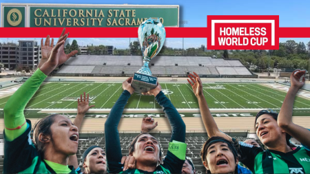 Women’s Homeless World Cup winners holding up their trophy in 2015. The tournament will be held at Hornet Stadium for its 20th anniversary in July.