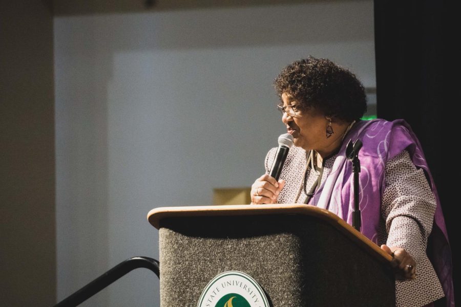 California Secretary of State Shirley Weber speaking about reparations to a crowd of people in the University Union Ballroom on Feb. 7, 2023. Weber was the first Black woman in the position and spoke on topics of history, reparations and the continued effects of slavery today.