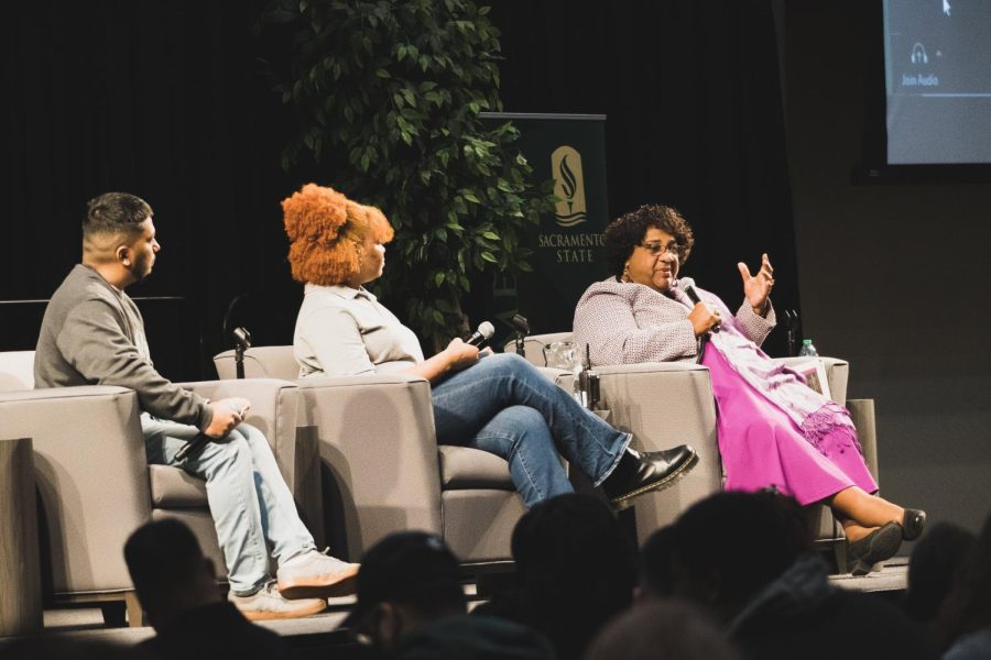 California Secretary of State Shirley Weber talking on a panel abouton reparations in the University Union Ballroom on Feb. 7, 2023. At the event, Weber emphasized the need for reparations for Black Californians.
